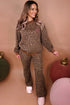 Leopard Print Contrast Rib Drop Shoulder Crewneck Pant Set